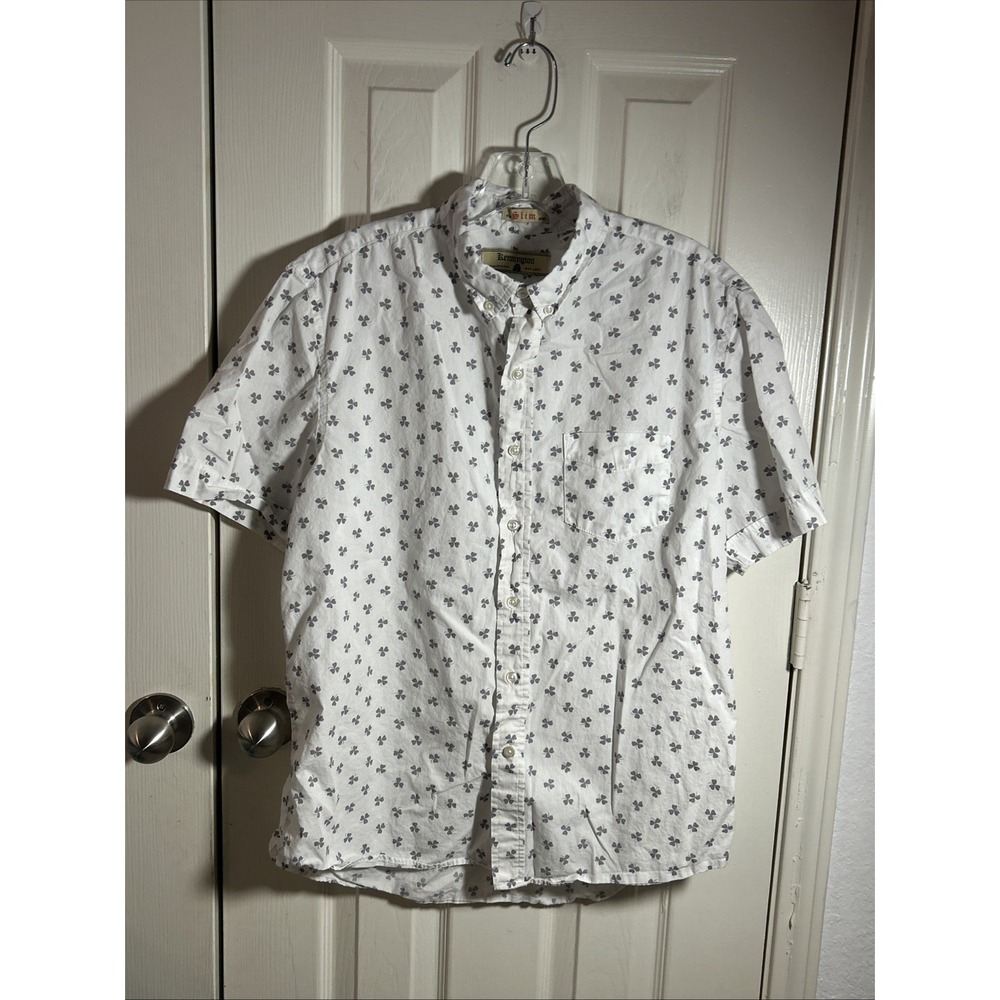 Kennington The Slim Button Up Shirt Clover Pattern White Gray Mens XL